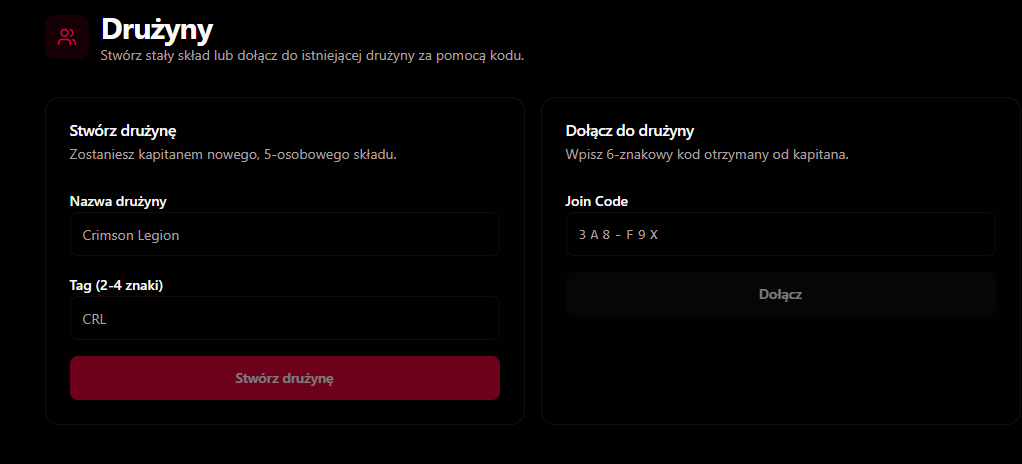 Widok tworzenia i dołączania do drużyny